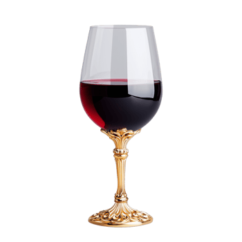 Elegant red wine glass with ornate golden stem on transparent background png