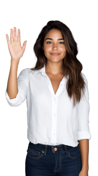 Friendly woman waving hand with smile on transparent background png