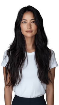 Young woman with long dark hair wearing a white shirt on transparent background png