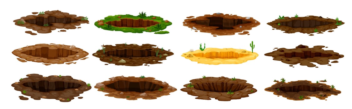 Dirty pits and burrows, deep ground holes in earth vector