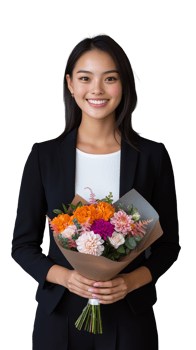 Young woman in business attire holding a bouquet of colorful flowers on transparent background png