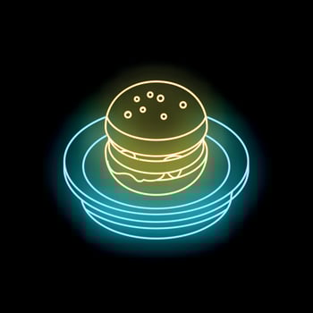 Glowing neon hamburger icon on a plate representing fast food and american cuisine vector