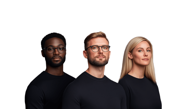 Diverse group of three individuals posing confidently on transparent background png