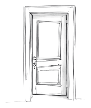 A simple wooden door in a quiet hallway at dusk png