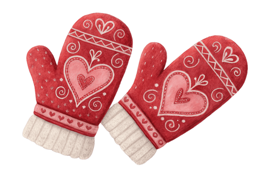Warm and cozy red mittens with heart patterns, perfect for winter. These charming mittens add touch of love and warmth to any cold day png