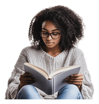 Woman in cozy sweater reading at home png