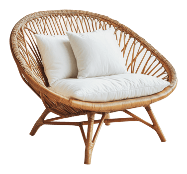 Cozy rattan chair with white cushions png