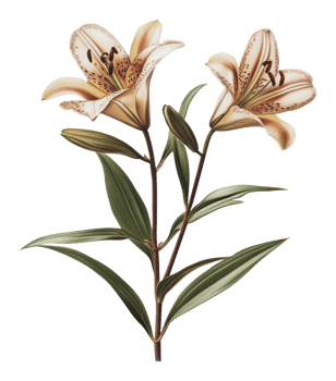 Cream lilies in bloom with green leaves png