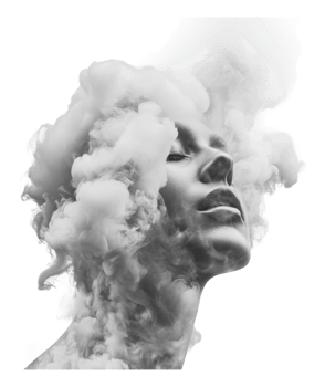 Woman's face surrounded by soft clouds of smoke png