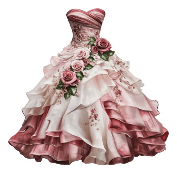 Elegant pink dress decorated with roses for events png