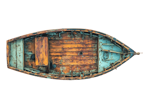 Vintage fishing boat top view on transparent background png