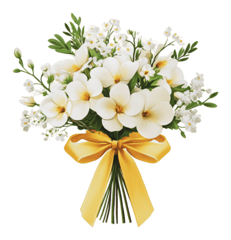 Beautiful white flower bouquet with yellow ribbon png