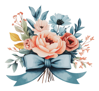 Floral bouquet with blue ribbon png