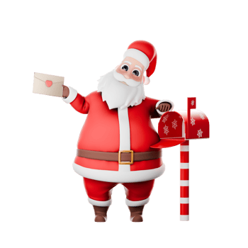 Christmas Holiday Santa Claus Cartoon. A Santa Claus man stands next to a mailbox with his right hand holding a letter. 3D Festive Character png