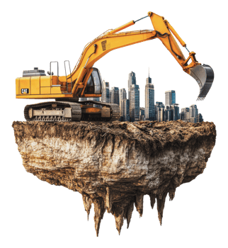 Excavator lifting city skyline above the ground png