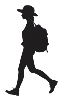 Woman walking with backpack wearing a hat outdoors png