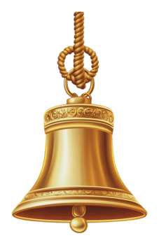Golden bell hanging from a rope in bright light png