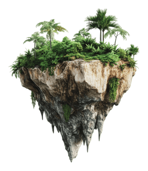 Floating island with lush greenery and trees png