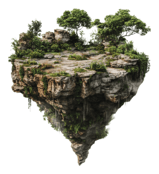 Fantastical floating island with lush greenery png