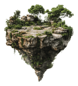 Lush floating rock with trees png