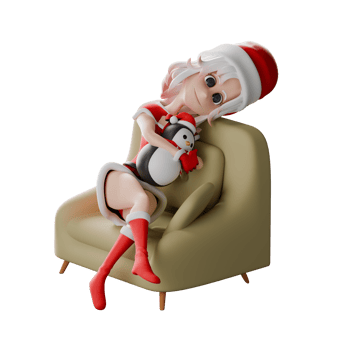 3D Cartoon Girls Santa Claus. A girl santa sits and leans on a sofa with both hands hugging a penguin doll. Holiday Festive Style png