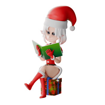 Girls Santa 3D Cartoon Model. A girl santa sits on a gift with both hands reading a book with a focused expression. Festive Christmas Style png