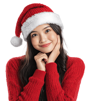 Portrait of a funny Asian woman wearing a Santa hat, winking and looking at the camera while touching her chin, png