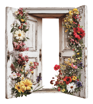 Beautifully adorned vintage door with flowers png