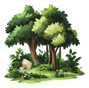 Lush green forest with vibrant foliage and rocks png