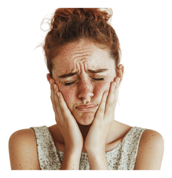 Young woman expressing distress with freckled skin png
