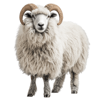 Fluffy sheep with curved horns standing gracefully, showcasing its thick wool coat and strong presence. This majestic animal embodies beauty of nature png