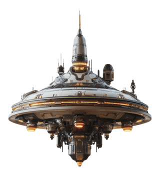 Hovering spacecraft over city skyline png