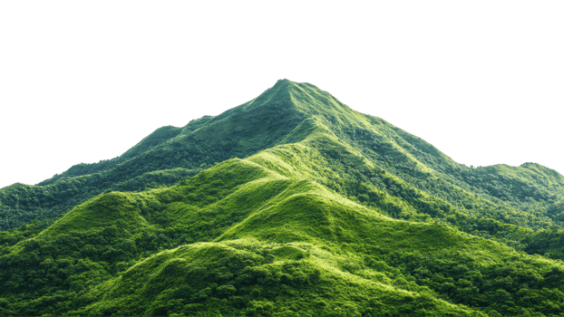 Lush green mountains with rolling hills create serene landscape, showcasing natures beauty and tranquility. vibrant greenery invites exploration and adventure png