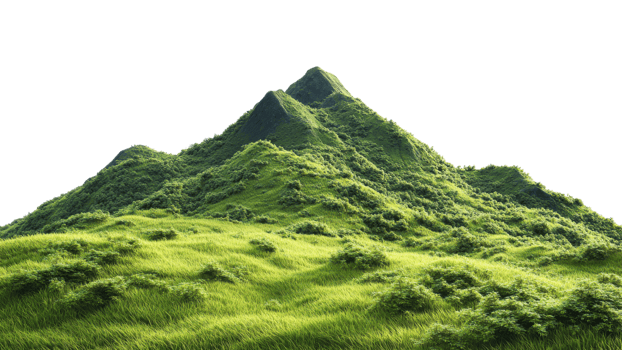 Lush green mountains rise majestically, surrounded by vibrant grasslands, creating serene and tranquil landscape. natural beauty evokes sense of peace and harmony png