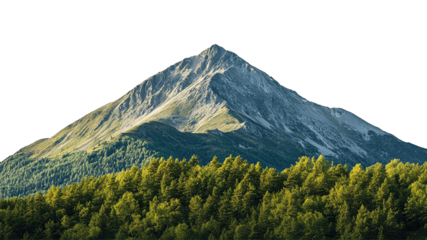 stunning mountain peak rises majestically above lush green forest, showcasing beauty of nature. sunlight highlights rugged terrain and vibrant foliage, creating serene landscape png