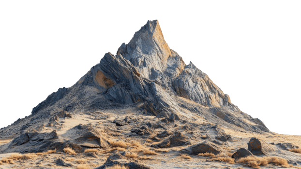 Majestic mountain peak surrounded by rocky terrain and dry grass, showcasing beauty of natures rugged landscape. striking formation stands tall against clear sky png