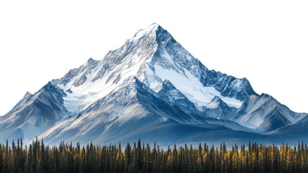 Majestic mountain peak surrounded by lush evergreen trees, showcasing stunning snow capped summits and vibrant autumn foliage. breathtaking natural landscape that evokes tranquility and awe png