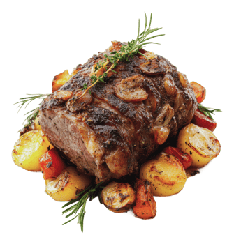 Perfectly roasted meat with aromatic vegetables png