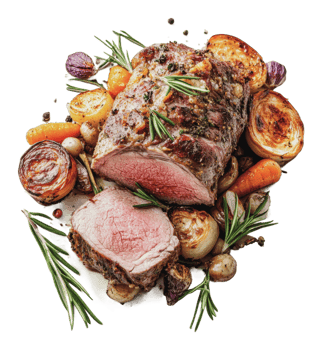 Juicy roast beef with vegetables and herbs png