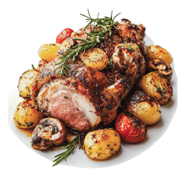 Roast meat with grilled veggies platter png