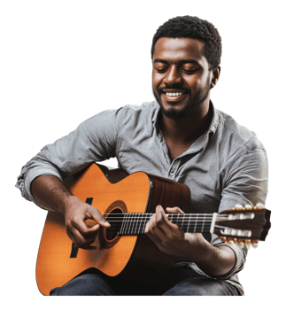 Joyful guitarist plays indoors png