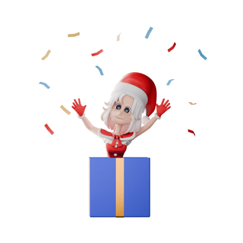 Festive Christmas Girls Santa Claus. A santa girl is standing behind a gift with both hands open. Cartoon 3D Model png