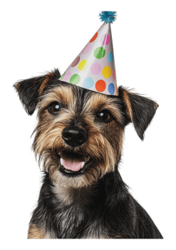Happy dog celebrates birthday with party hat png