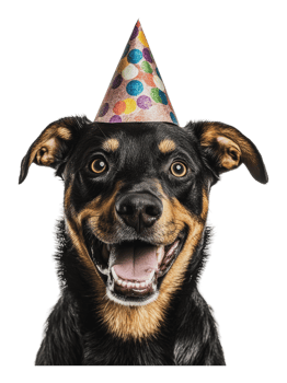 Happy dog celebrating with a party hat png