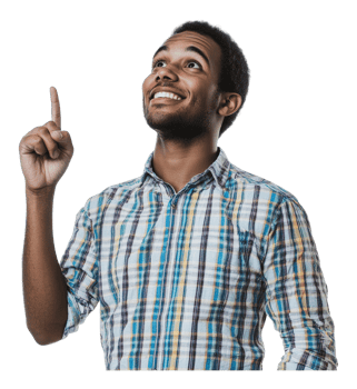 Man joyfully points upward with bright expression png