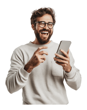 Excited man laughing with smartphone png