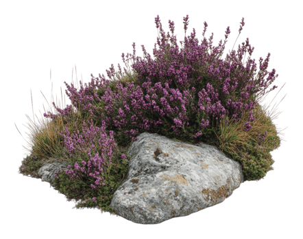 Purple flowering heather blooming around a rock png