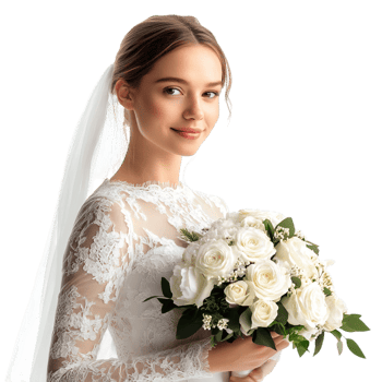 Bride holding a flower bouquet isolated against a transparent background png