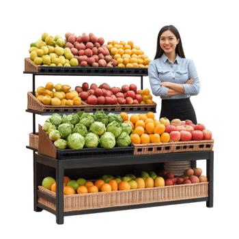 Fruit Store Display Featuring a Smiling Woman png