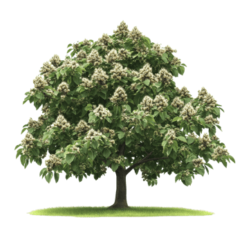 Blooming tree with white flowers in a grassy area png